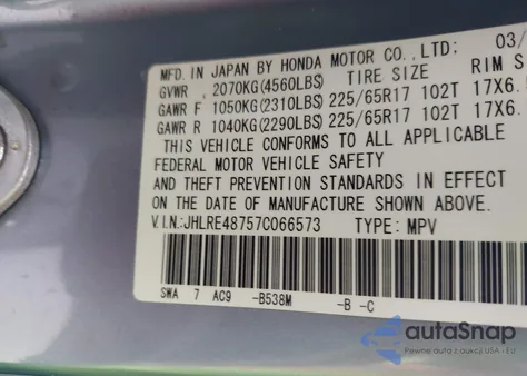 2007 Honda Cr-V Ex-L from USA, damaged, VIN JHLRE48757C066573